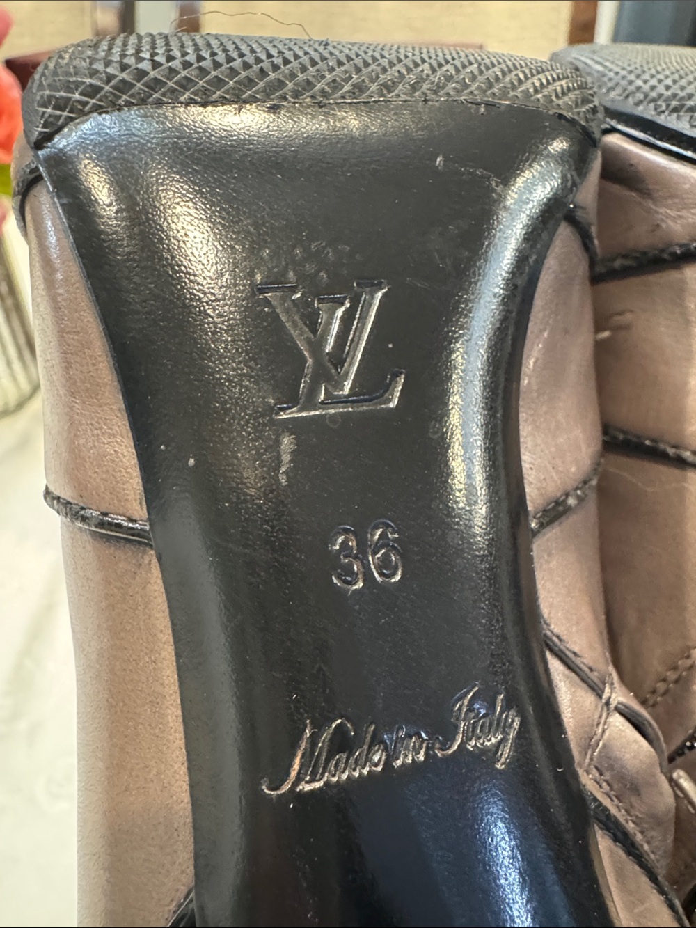 Authr Louis Vuitton Taupe Peep-Toe Leather Ankle Booties with Gold-Tone Buckle - Picture 10 of 15